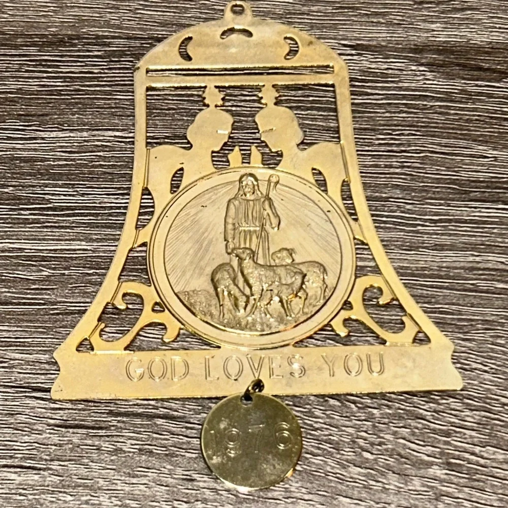 1976 God Loves You Metal Gold Tone Bell Shaped Ornament